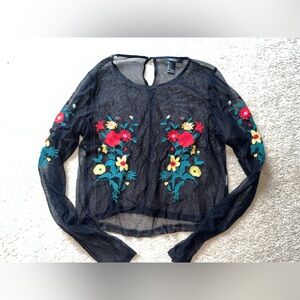 Forever 21 Black Mesh Floral Long Sleeve Top